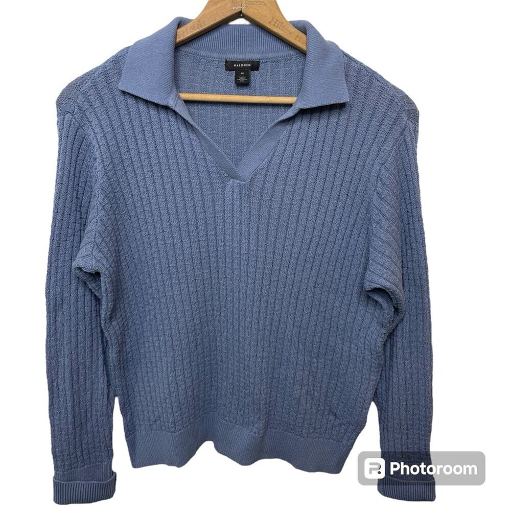 Halogen Women’s Dusty Blue Collared Sweater Long Sleeve V-Neck Cotton Medium - Picture 2 of 10